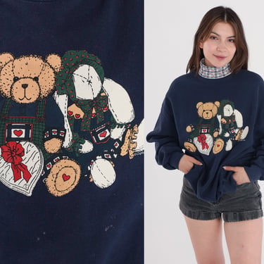 Teddy Bear Sweatshirt 90s Turtleneck Sweatshirt Cute Graphic Shirt Plaid Heart Print Mock Neck Grandma Sweater Navy Blue Vintage 1990s Large 