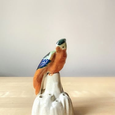 vintage ceramic bird parakeet figurine flower frog made in Japan 