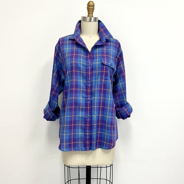 Vintage  Plaid Button Down Shirt |  1980s Purple and and Gold Blouse |  The Fox Collection Size 14 