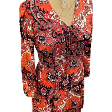 Vintage A-Line Dress Retro 1960s Bohemian + No Size Tag + Red/Black + Floral Pattern + L/S + Above Knee + Boho Fabric + Womens Fashion 