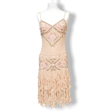 Y2K Sue Wong Peach Silk Dress with Beading and Fringe Bottom Small 