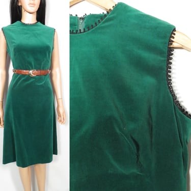 Vintage 60s Jewel Tone Green Velvet Dress Size M 