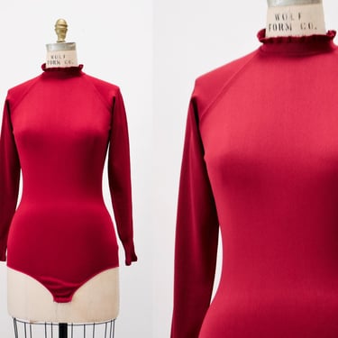 Vintage 70s Burgundy Red Turtle neck Bodysuit Brief Body Suit Turtle Neck long sleeve Medium//  Vintage Red Turtleneck ruffle bodysuit 