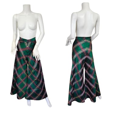 I.Magnin 1970s Emerald Green Taffeta Plaid Wide Leg High Waist Pants I Sz Med I W: 28