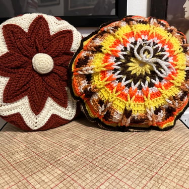 Pair of Vintage 1970s Hand Crocheted Pouf Pillow 