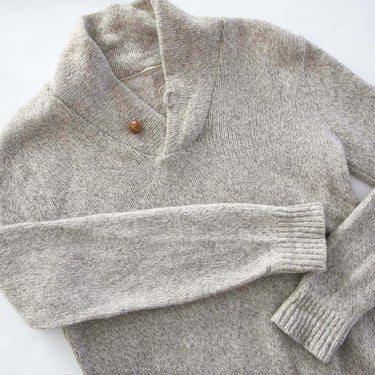 Vintage Off White Oatmeal Wool Sweater M - Neutral Beige Shawl Collar Knitted Jumper 