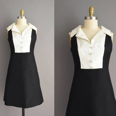 vintage 60s dress | Tuxedo Black &amp; White Silk Cotton Cocktail Party dress | Medium | 1960s vintage dress 
