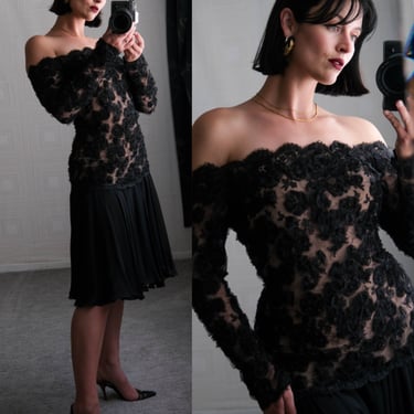 Vintage 80s LUIS ESTEVEZ COUTURE Black & Nude Floral Tulle Lace Drop Waist Mini Dress w/ Lettuce Hem | Silk Blend | 1980s Designer Dress 