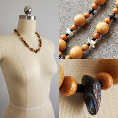 Vintage Wood Bead and Shell Necklace - Vintage Jewelry ' Vintage 60s Accessories 60s Mod Hippie Boho Chic 