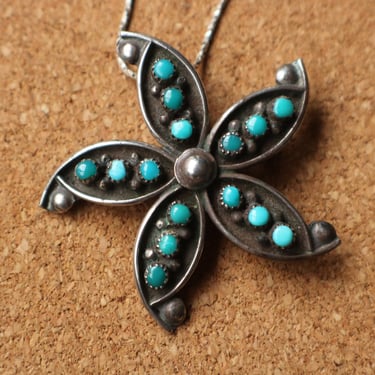 Turquoise Blossom NECKLACE / Vintage Brooch Pendant / Sterling Silver Pin Wheel Necklace 