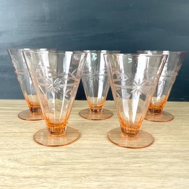 Pink cone tumblers with engraved floral design - set of 5 - vintage elegant glass 