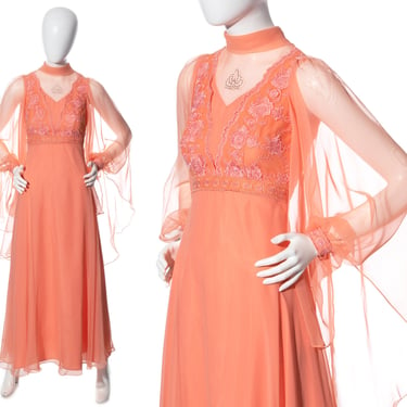 Vintage 1970s Maxi Dress | 70s Peach Chiffon Epic Dramatic Sleeves Fairy Party Retro Formal Gown (xx-small) 