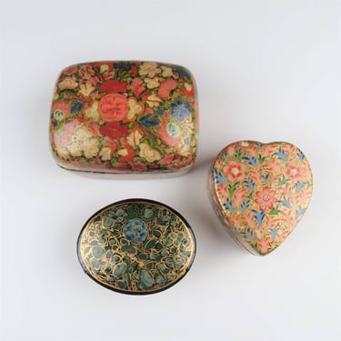 Vintage hand painted floral trinket boxes, set of 3, India, Kashmir, lacquer 