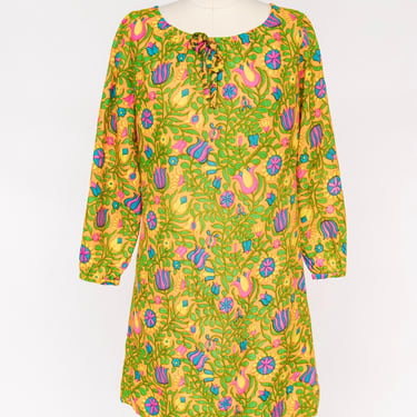 1960s Dress Mini Mod Floral Neon Printed Cotton S 