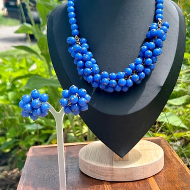 Vintage Blue Beaded Necklace And Cluster Screwback Earring Set Retro Jewelry Gift 