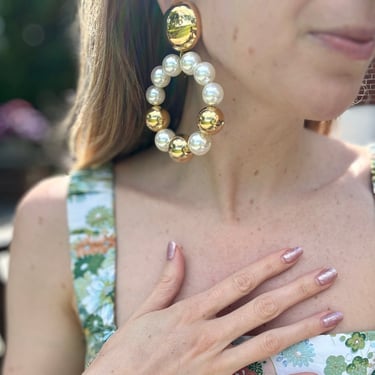 Huge Designer Francine Bromli Pearl and Gold Hoop Clip Earrings