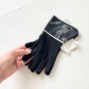 1950s Deadstock Fringed Black Leather + Wool Cowboy Gloves 