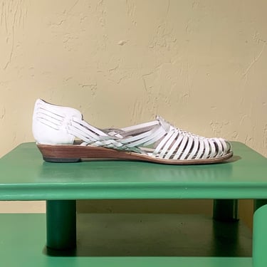 80s Huarache Wedges Vintage White Leather Sandal Flats Low Heel Sandals Size 8 