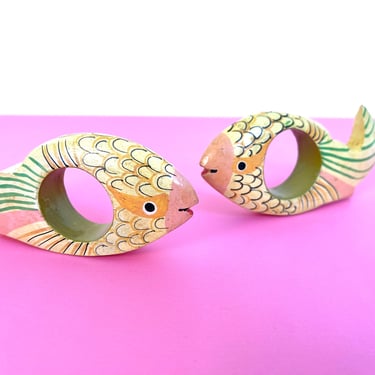 Vintage 80s Pair of Hand Carved and Hand Painted Tropical Fish Napkin Rings 