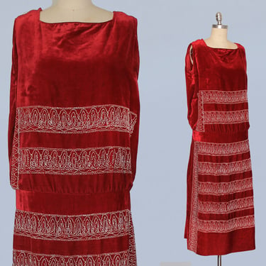 1920s Dress / 20s French Made Red Velvet Beaded Dress 