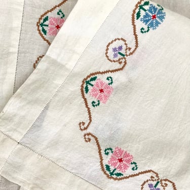 Vintage Handmade Cotton Tablecloth Linen and Hand Embroidered Floral Border by LeChalet