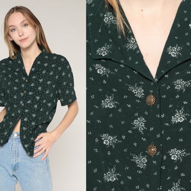 Dark Green Floral Blouse 90s Button Up Shirt Retro Short Sleeve Top Collared White Flower Print Boho Summer Hippie 1990s Vintage Medium 10 