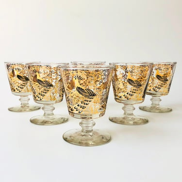 Set of 6 Mid Century Gold Peacock Wine Glasses by Osborne Kemper Thomas 