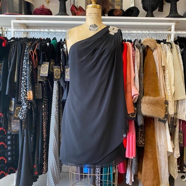 vintage 1990s black draped chiffon one shoulder cocktail dress by cache', med 