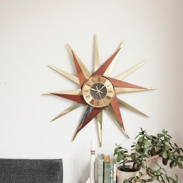 Vintage Mid Century Elgin Starburst Clock - Wood / Brass accented starbursts, brass 