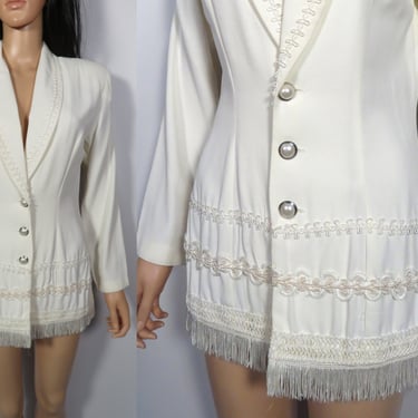 Vintage 80s/90s Ivory Blazer With Fancy Trim And Fringe Detail Made In USA Size S/XS 