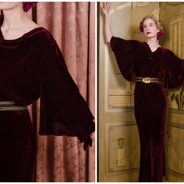 1930s Dress - Exquisite Vintage 30s in Bias Cut Silk Velvet Evening Dress with Incredible Cold Shoulder Butterfly Sleeves 