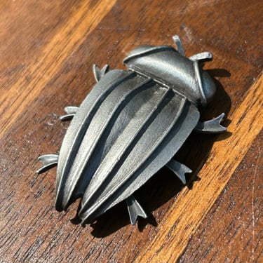 Vintage Beetle Brooch JJ Jonette Pewter Bug Pin Gray 1980s 1990s Retro Fashion 