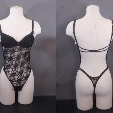 Y2K Frederick's of Hollywood Black Lace Sheer Teddy Bodysuit Small 