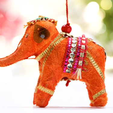 VINTAGE: India Folk Art Fabric Elephant Ornament - Orange Elephant - Colorful Dangle - Handmade - Good Luck - SKU 