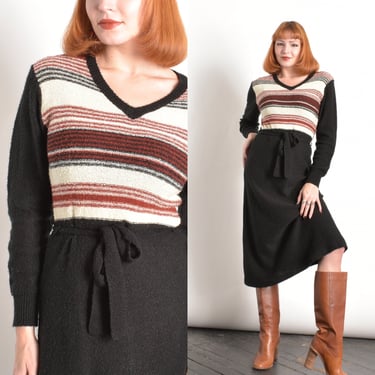 Vintage 1970s Dress / 70s Striped Knit Sweater Dress / Black Brown White ( M L ) 