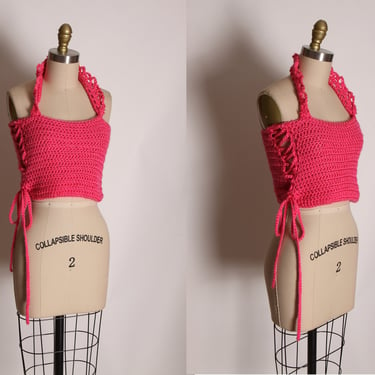 1970s Pink Crochet Halter Top Corset Lace Up Side Halter Crop Top -M 
