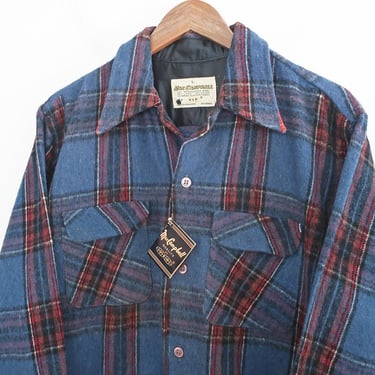 vintage plaid shirt / CPO jacket / 1970s deadstock blue plaid CPO jacket plaid flannel shirt Large 