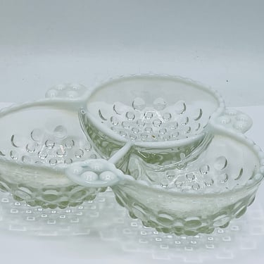 Vintage White Anchor Hocking Opalescent Moonstone Clover Leaf Divided Serving Bowl- Appetizers  Candy  Dish 