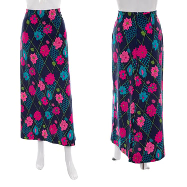 1960's Navy and Multicolor Floral Print Maxi Skirt Size M