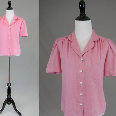 80s Pink Shirt - Cuffed Short Sleeve - Gathered Shoulders - The Wyndham Collection - Vintage 1980s - S 