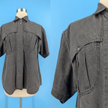 Nineties Large Gray Cotton Chambray Short Sleeve Button Up Blouse with Large Pockets - 90s L Grey Button-up Shirt 