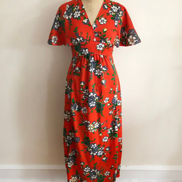 Bright Orange Floral Print Maxi-Dress with Empire Waist and Flutter Sleeves - 1970s 