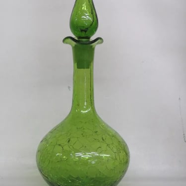 Blenko Style Hand Blown Green Crackle Glass Decanter Bottle 3949B