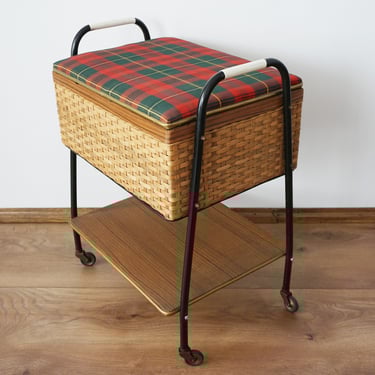Big vintage sewing box on wheels, sewing basket, wooden sewing box, fold out box, german sewing box, craft box, wicker sewing box, 