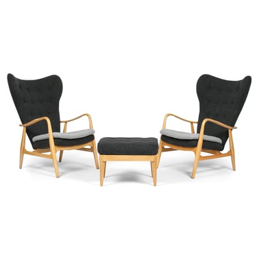 Pair Vintage Danish Wingback Lounge Chairs with Ottoman by Madsen Schubell. 1950s 