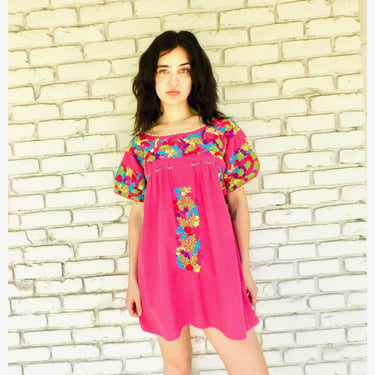 Oaxacan Dress // vintage sun Mexican hand embroidered floral boho hippie cotton hippy pink 70s 70's 1970s 1970's // O/S 