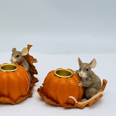 RARE Charming Tales Dean Griff Pumpkin Mouse Candle Holders Set 85400 Silvestri 