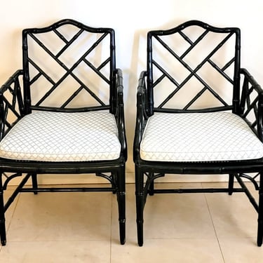 Pair Faux Bamboo Chinese Chippendale Painted Arm Chairs 