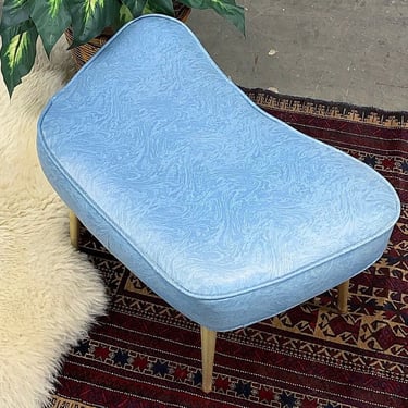 Vintage Ottoman Retro 1960s Mid Century Modern + Light Blue + Vinyl + Kidney Bean + MCM + Gold Metal Legs + Footrest + Atomic + Furniture 