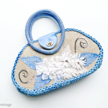 1950s Blue Flower Handbag | 50s Blue Raffia Burlap Purse | Caron USA 